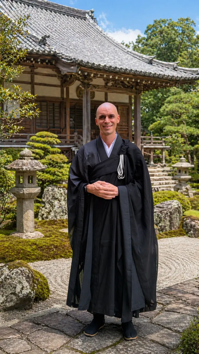 Monge Butsukei em um jardim junto ao templo
