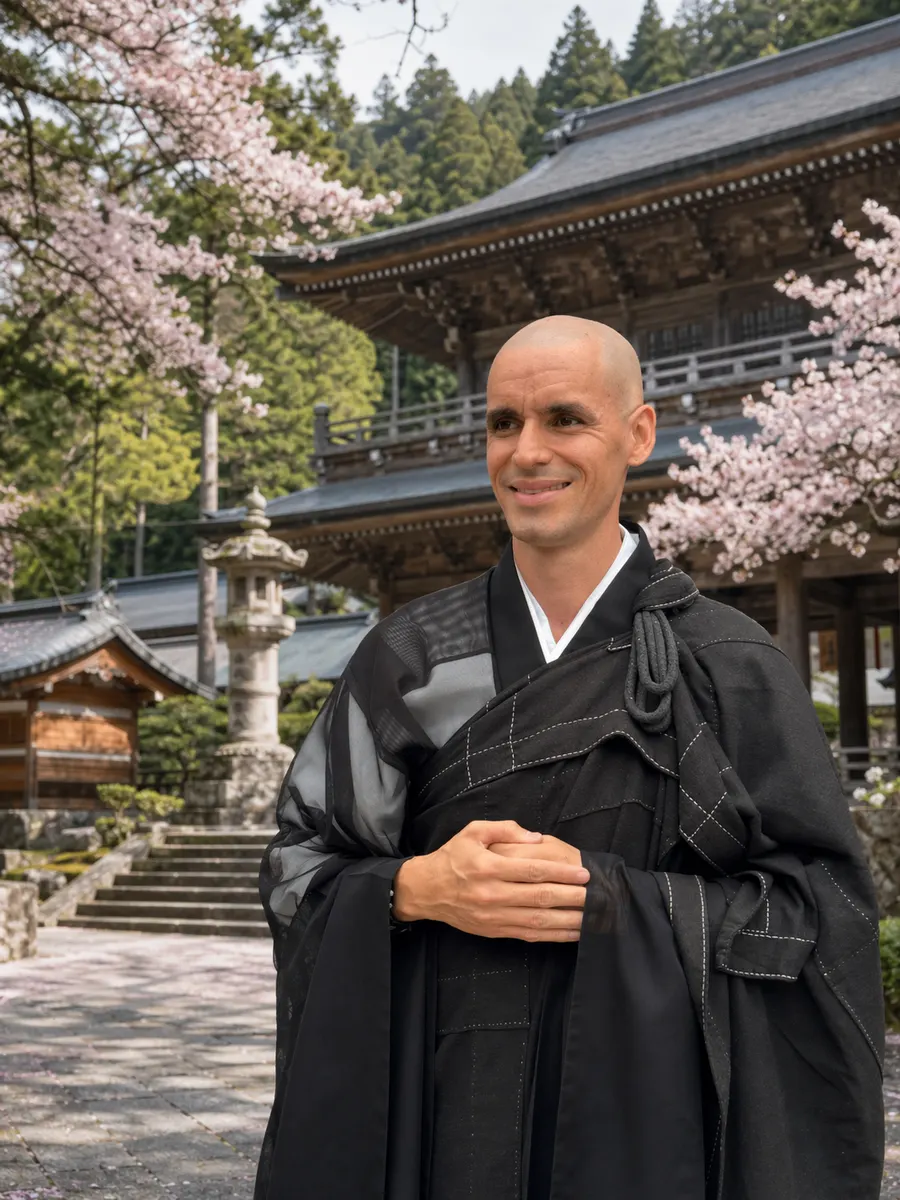 Monge Butsukei sorrindo diante de um templo com flores de cerejeira